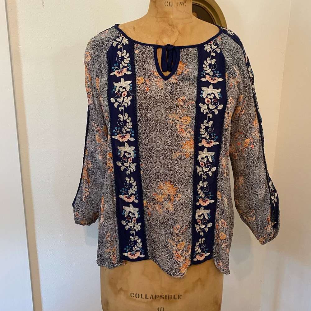 Lucky Brand Peasant Blouse with Embroidered Trim